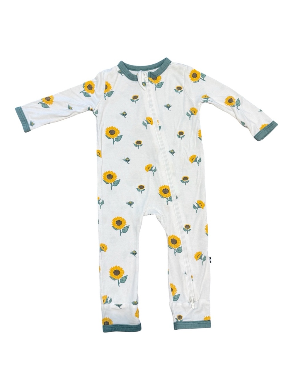 Kyte BABY White Sunflower Footie with Teal Trim